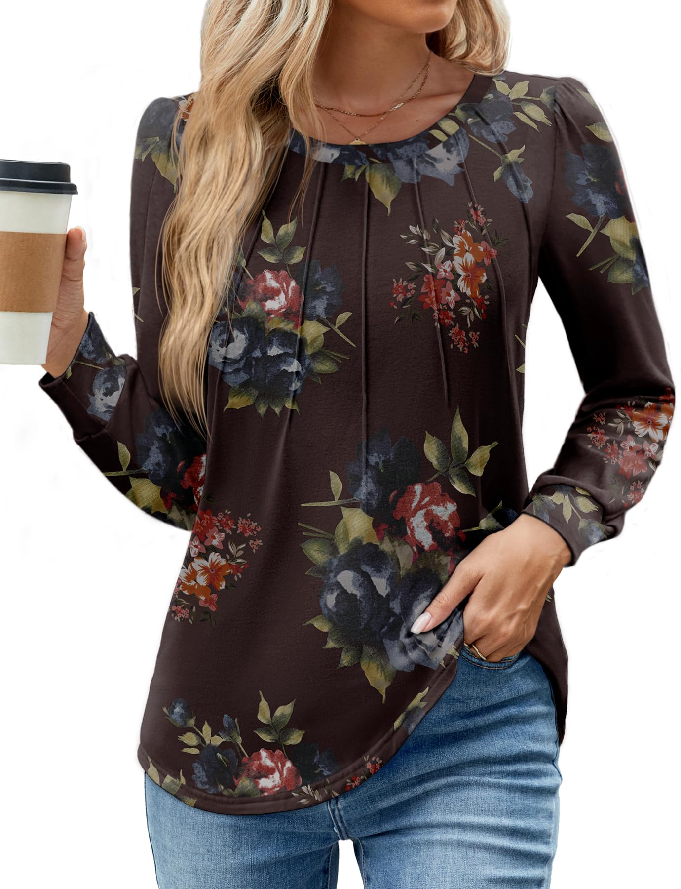 WEACZZY Women Long Sleeve Shirts Crew Neck Tunic Tops Soft Casual Blouses Creased Design Curved Side Hem Fashion Outfits 2026