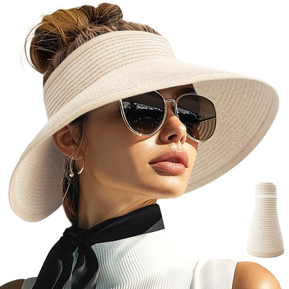 PFFY Sun Visors Hats for Women Wide Brim Straw Visor Packable Foldable Ponytail Travel Beach Hat Vacation Essentials