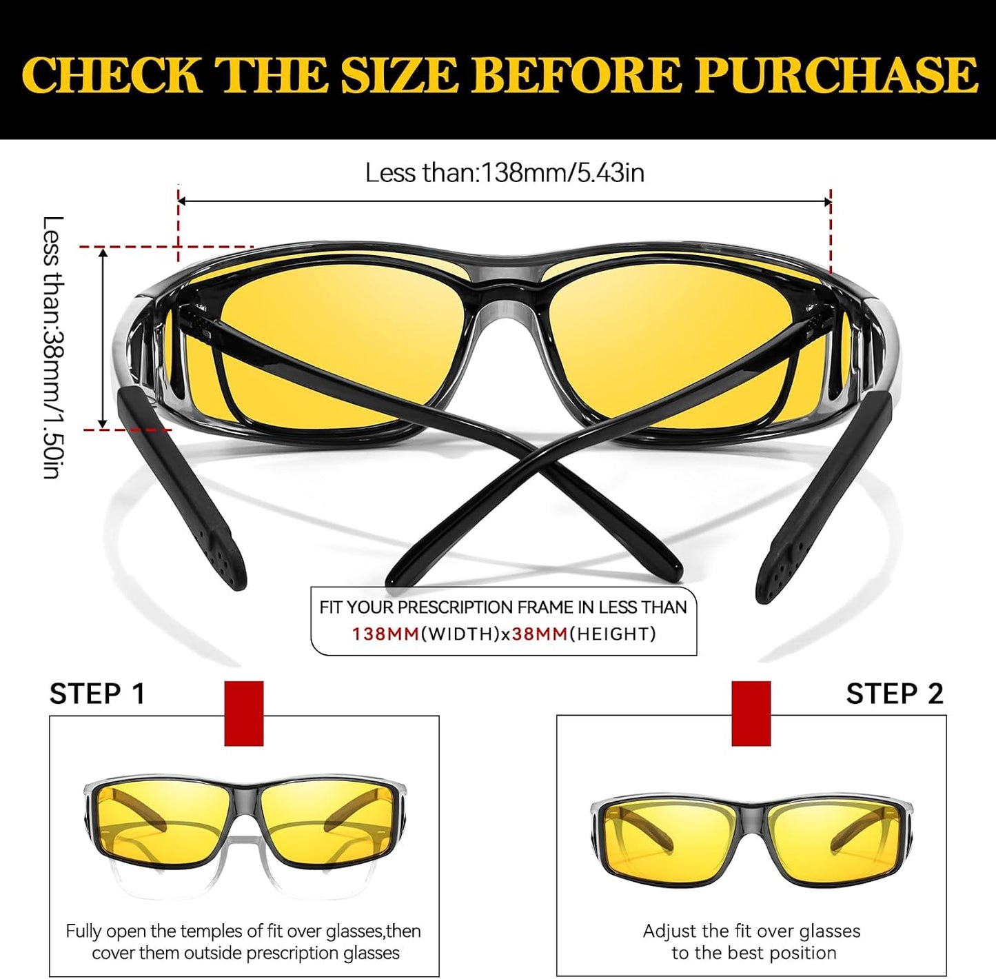 TJUTR Night Vision Driving Glasses Fit Over Eyeglasses for Men Women, Anti-Glare Polarized UV400 Protection Yellow Lens 2612R