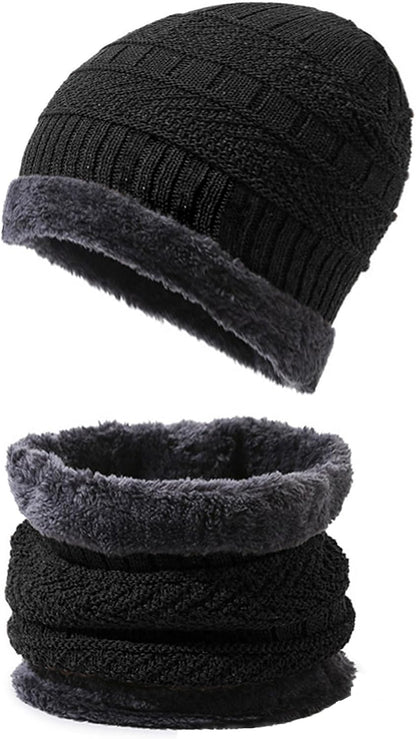 PFFY Warm Beanie Hat Scarf Set Knit Hats Thick Fleece Lined Winter Cap Neck Warmer for Men Women