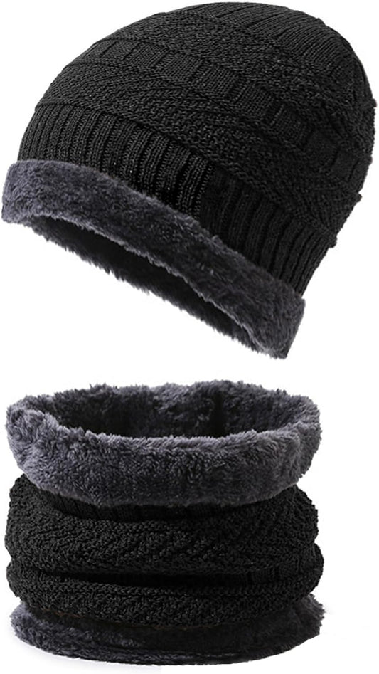 PFFY Warm Beanie Hat Scarf Set Knit Hats Thick Fleece Lined Winter Cap Neck Warmer for Men Women