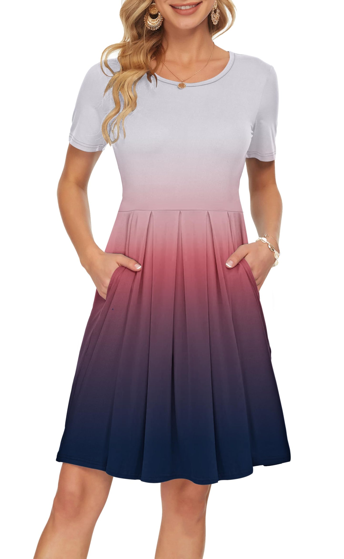 AUSELILY Women's Short Sleeve Summer Dress Pleated Loose Swing Knee Length Dresses with Pockets 2026 New