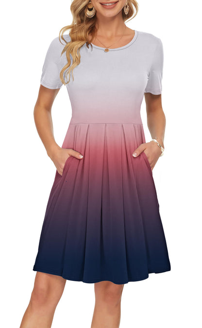 AUSELILY Women's Short Sleeve Summer Dress Pleated Loose Swing Knee Length Dresses with Pockets 2026 New