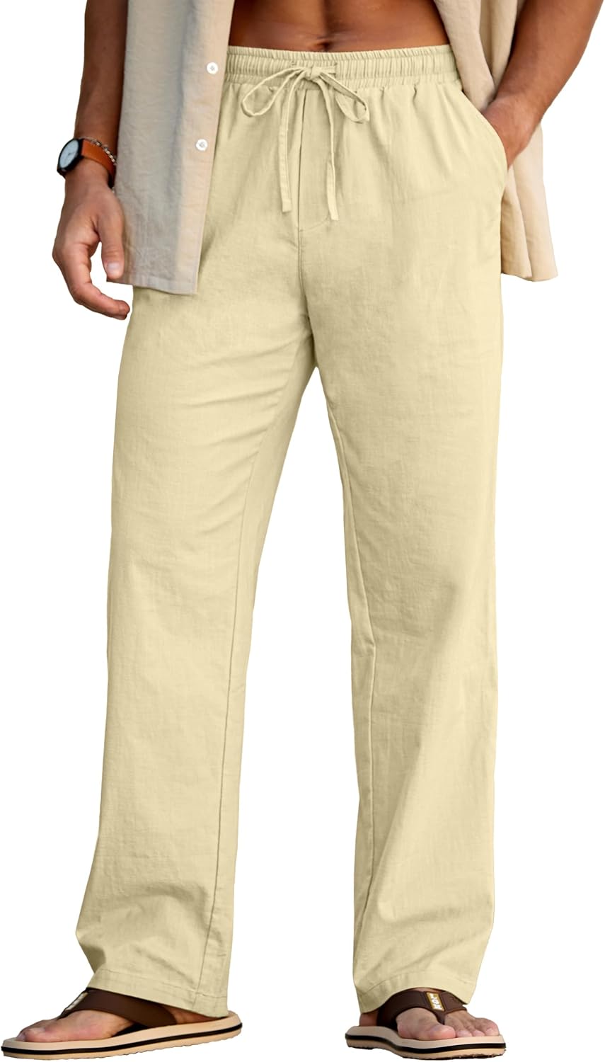 Sailwind Men's Casual Linen Pants Beach Summer Drawstring Elastic Waist Lightweight Pants
