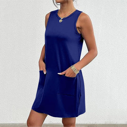 Summer Dresses for Women Beach Tshirt Sundress Baggy Sleeveless Tank Dress with Pocket, Solid Loose Cami Sun Dress
