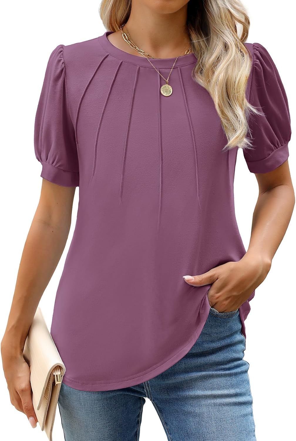 WEACZZY Women's Short Sleeve Crew Neck T-Shirt Pleated Front Casual Blouse | Puff Sleeve, Soft Comfortable Breathable, Regular Fitted, Asymmetrical High-Low Hem, Business Casual, Spring Summer Fall