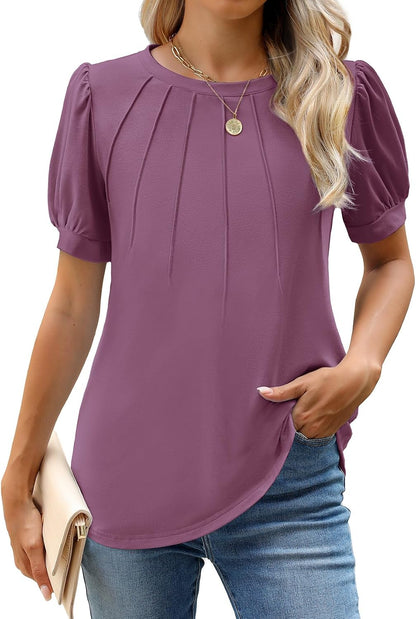 WEACZZY Women's Short Sleeve Crew Neck T-Shirt Pleated Front Casual Blouse | Puff Sleeve, Soft Comfortable Breathable, Regular Fitted, Asymmetrical High-Low Hem, Business Casual, Spring Summer Fall
