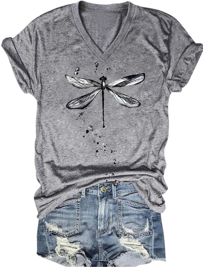 Women's T-Shirts V-Neck Dragonfly Tee Cute Summer Graphic Shirts Vintage Boho Flowers Short Sleeve T Shirt