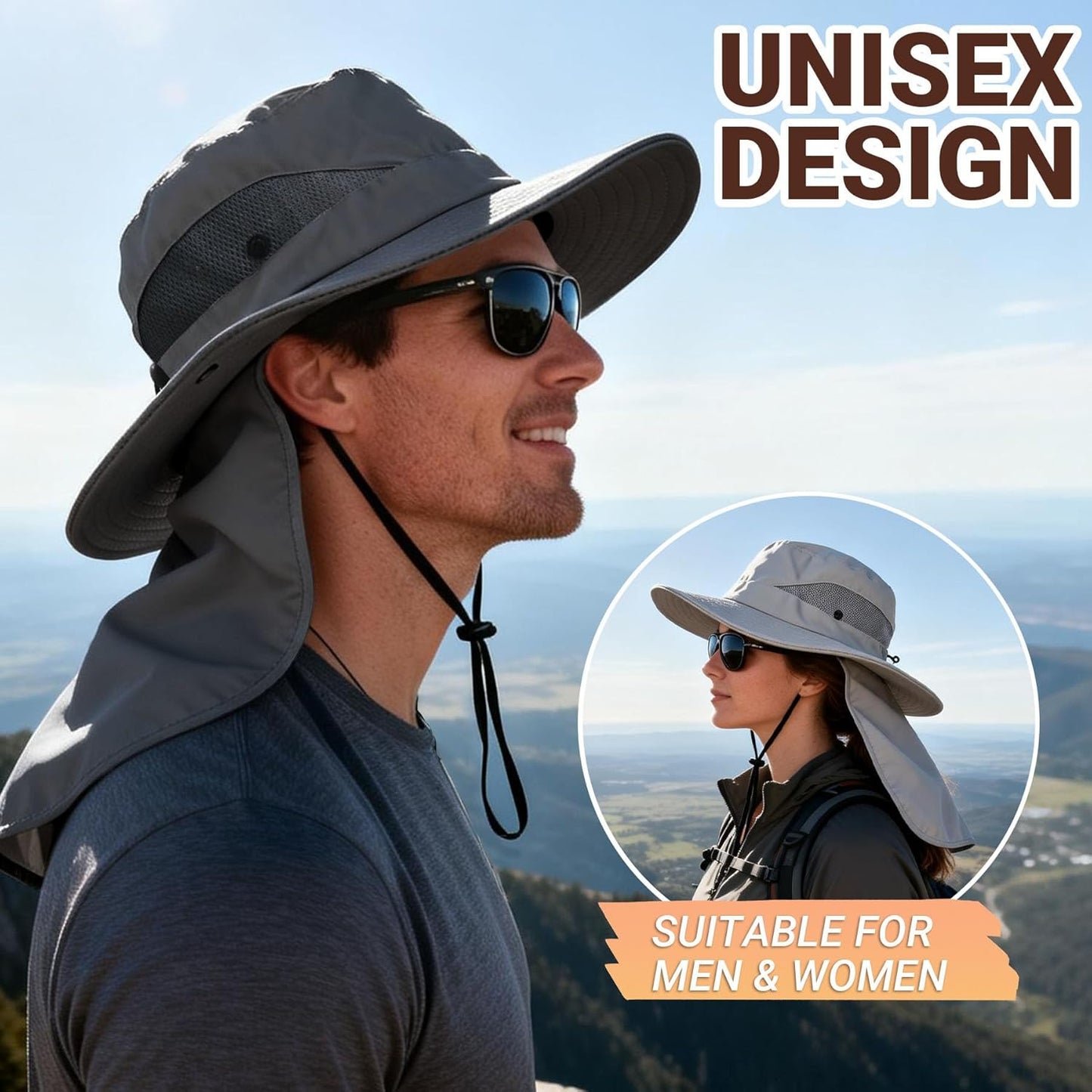 PFFY Sun Bucket Hats for Men Women Fishing Hat UV Protection Wide Brim Beach Safari Hat with Neck Flap