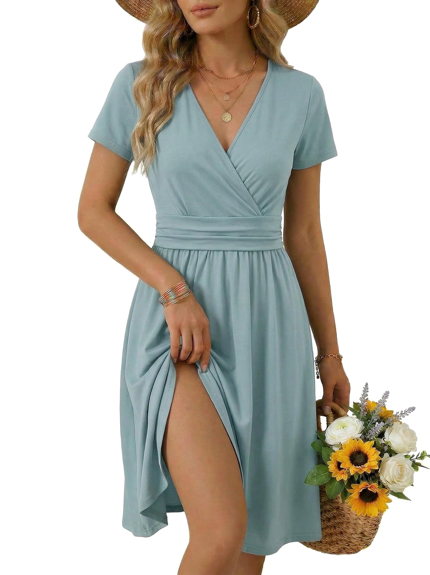 OUGES Casual Summer Dress for Women Wrap V Neck A Line Midi Dresses with Pockets