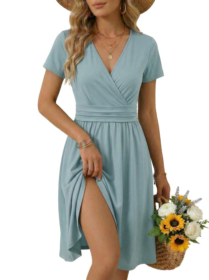 OUGES Casual Summer Dress for Women Wrap V Neck A Line Midi Dresses with Pockets