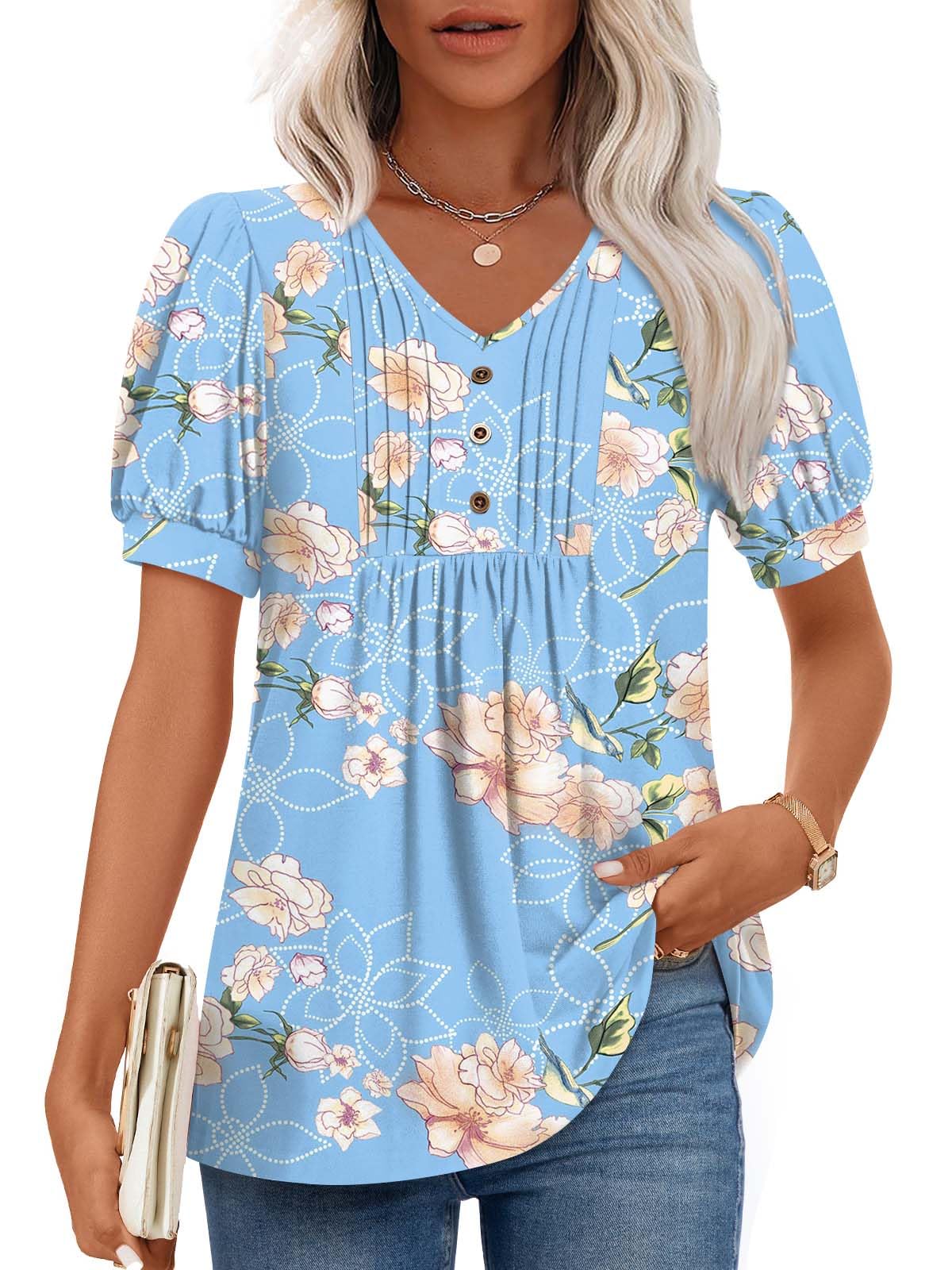 Findsweet Women's Summer Tunic Tops Casual Dressy Blouses Short Sleeve Shirts M-4XL