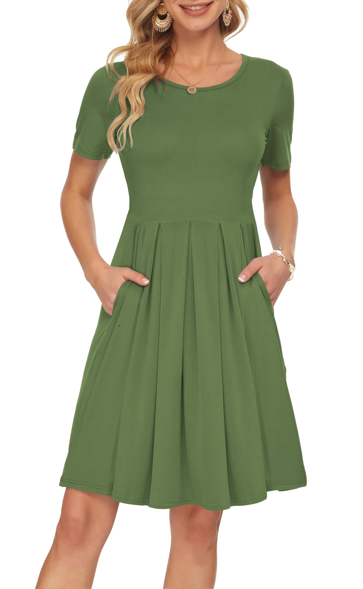 AUSELILY Women's Short Sleeve Summer Dress Pleated Loose Swing Knee Length Dresses with Pockets 2026 New