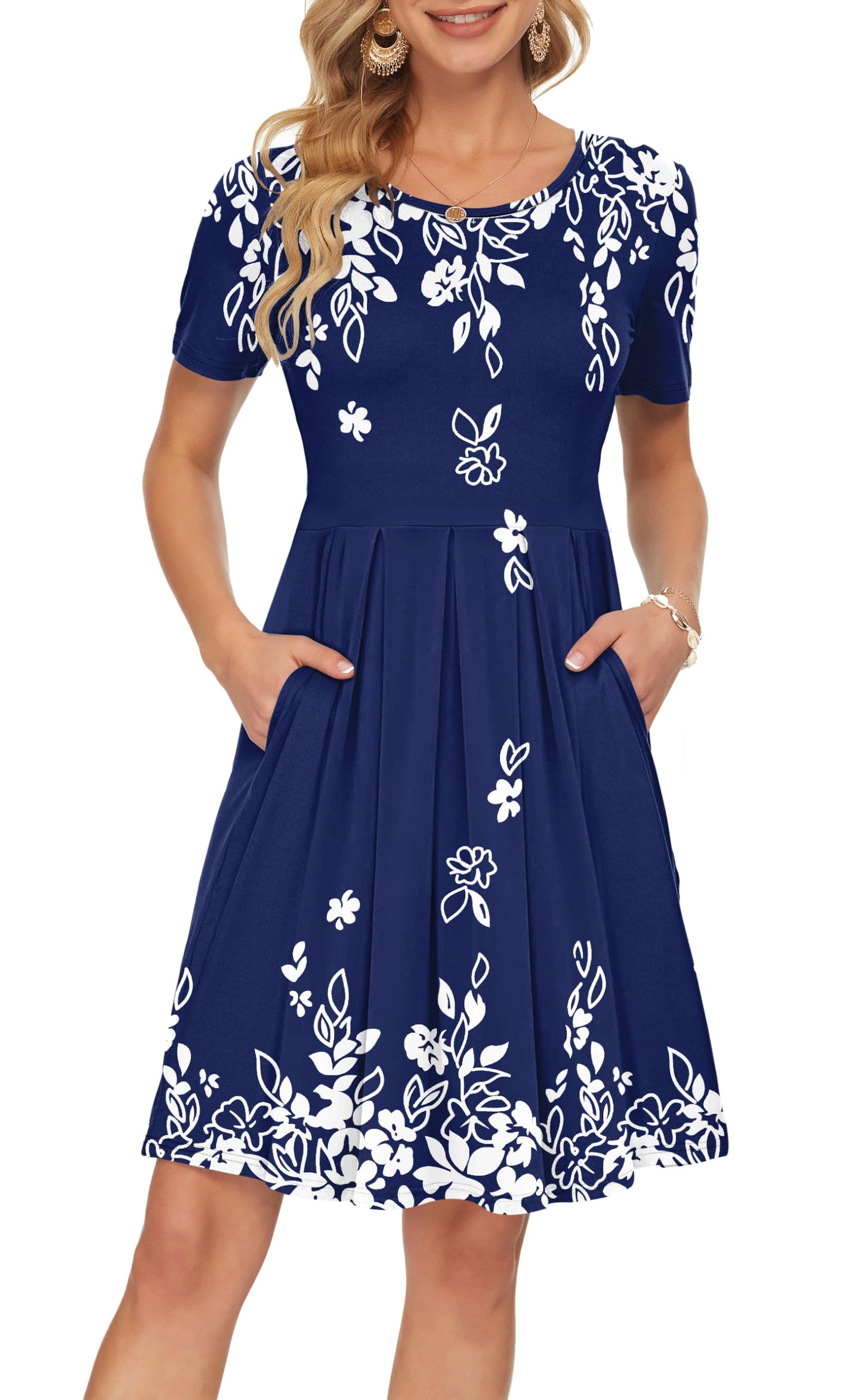 AUSELILY Women's Short Sleeve Summer Dress Pleated Loose Swing Knee Length Dresses with Pockets 2026 New