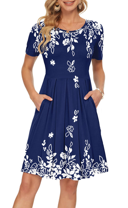 AUSELILY Women's Short Sleeve Summer Dress Pleated Loose Swing Knee Length Dresses with Pockets 2026 New