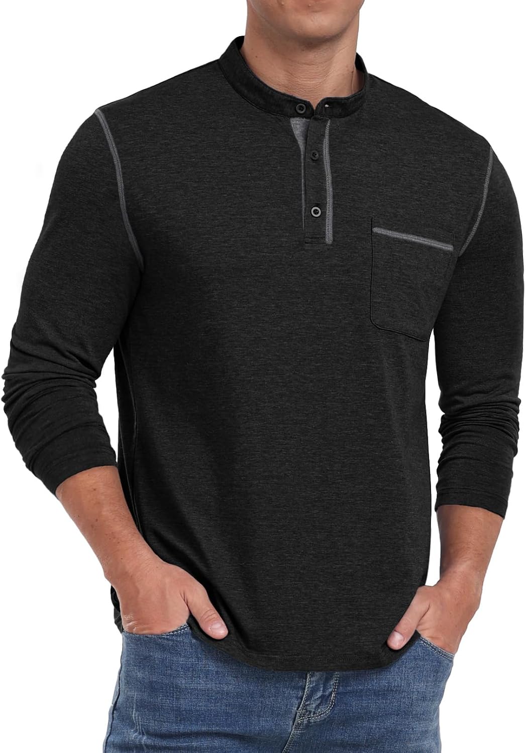 Sailwind Men's Fashion Henley Shirt Classic Long Sleeve Lightweight Button Cotton T-Shirt Casual Top with Pocket