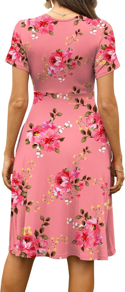 WEACZZY Women's Summer Short Sleeve Casual Dresses V-Neck Floral Party Dress with Pockets