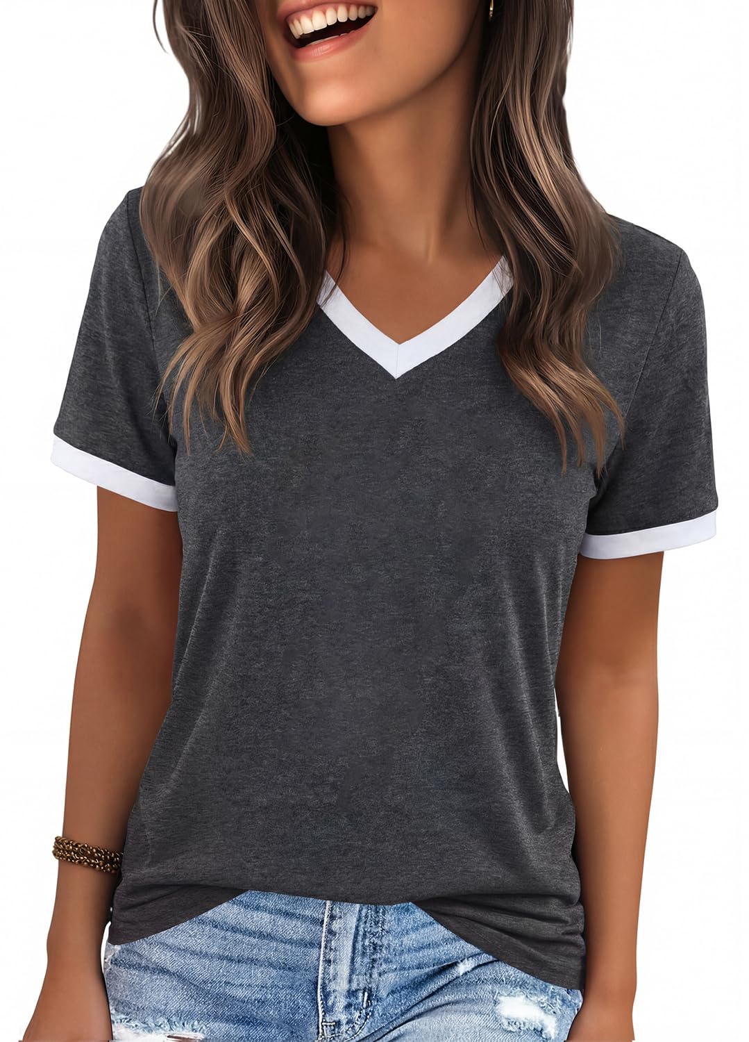 YEXIPO Womens T Shirts Graphic Tees Spring Short Sleeve V Neck Funny Letter Print Casual Loose Cute Summer Tops