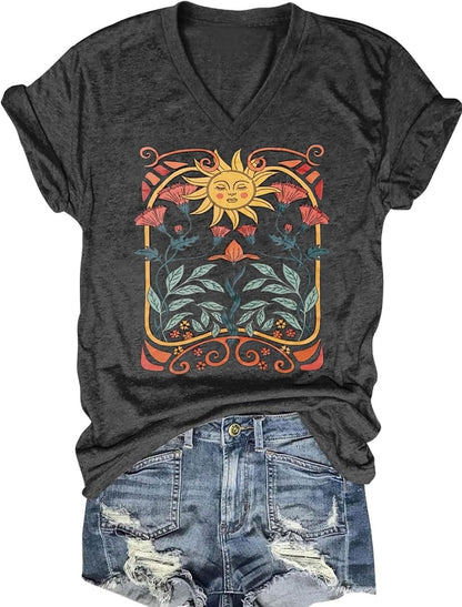 Women's T-Shirts V-Neck Dragonfly Tee Cute Summer Graphic Shirts Vintage Boho Flowers Short Sleeve T Shirt