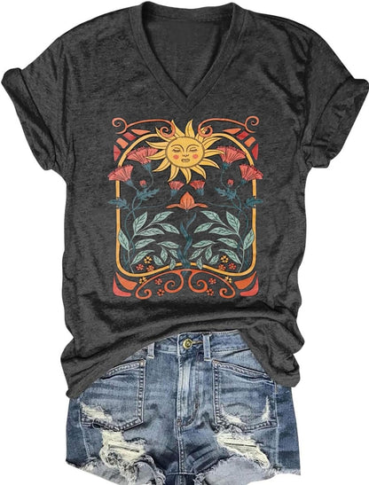 Women's T-Shirts V-Neck Dragonfly Tee Cute Summer Graphic Shirts Vintage Boho Flowers Short Sleeve T Shirt