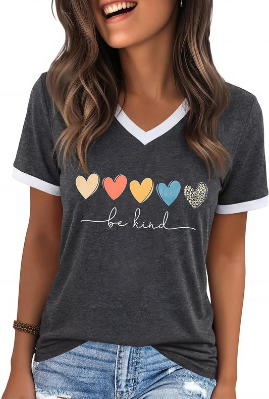 YEXIPO Womens T Shirts Graphic Tees Spring Short Sleeve V Neck Funny Letter Print Casual Loose Cute Summer Tops