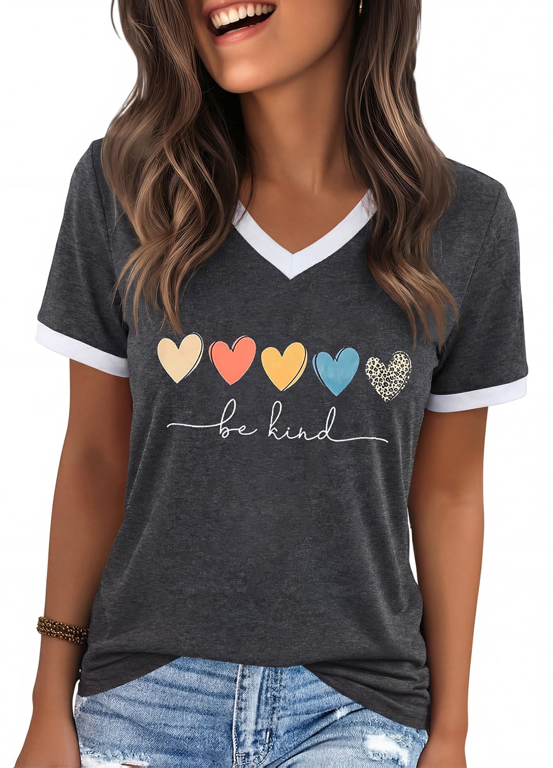 YEXIPO Womens T Shirts Graphic Tees Spring Short Sleeve V Neck Funny Letter Print Casual Loose Cute Summer Tops