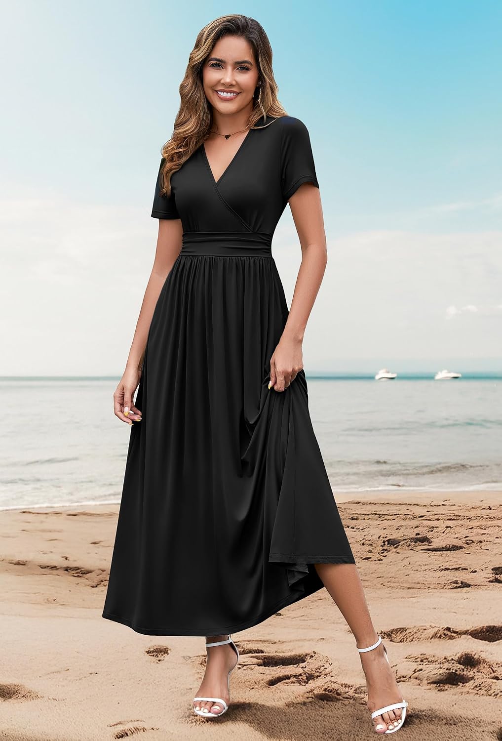 WEACZZY 2026 Summer Long Dresses for Women Wrap Empire Pleated Waist V Neck Short Sleeve Elegant Maxi Dress with Pockets
