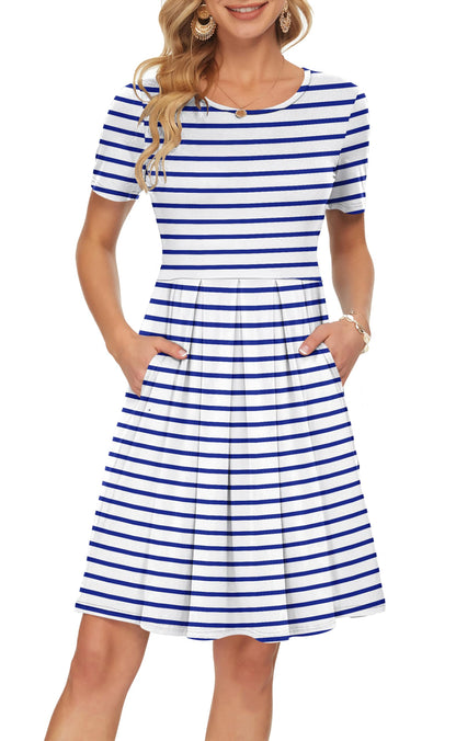 AUSELILY Women's Short Sleeve Summer Dress Pleated Loose Swing Knee Length Dresses with Pockets 2026 New