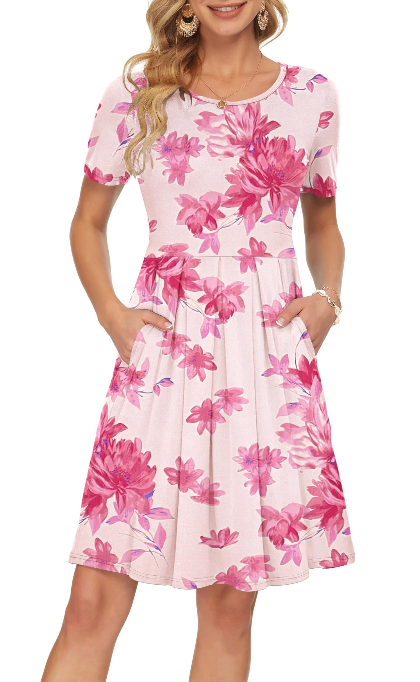 AUSELILY Women's Short Sleeve Summer Dress Pleated Loose Swing Knee Length Dresses with Pockets 2026 New