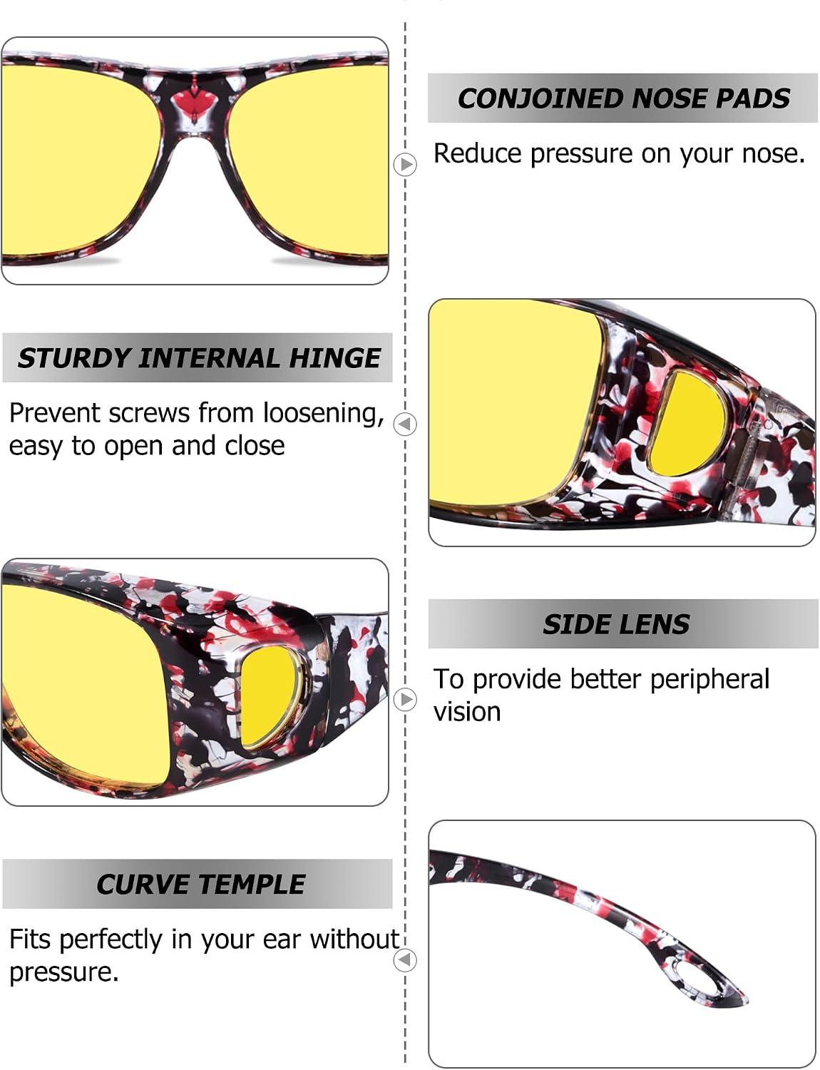TJUTR Night Vision Driving Glasses for Women Men, Fit Over Wrap Around Eyewear Glasses, Yellow Lens Anti-glare TN8143