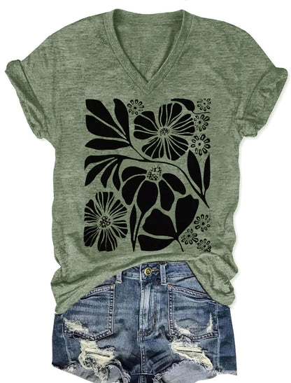 Women's T-Shirts V-Neck Dragonfly Tee Cute Summer Graphic Shirts Vintage Boho Flowers Short Sleeve T Shirt