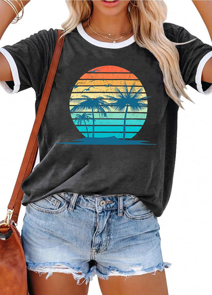YEXIPO Graphic Tees for Women Short Sleeve Summer Tops Funny Letter Printed Loose Casual T Shirts