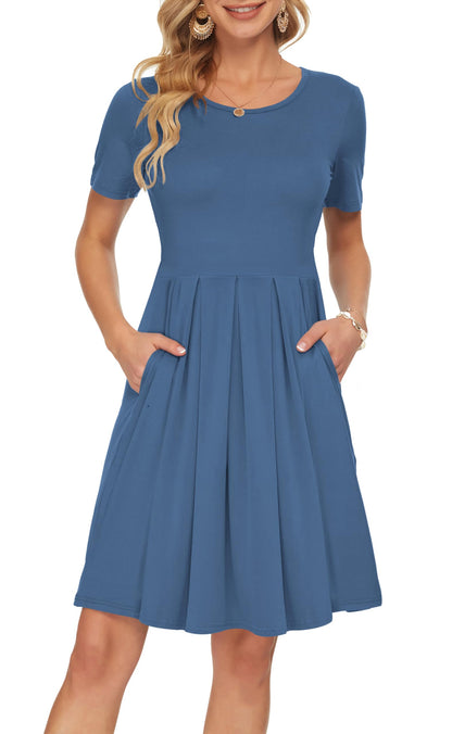 AUSELILY Women's Short Sleeve Summer Dress Pleated Loose Swing Knee Length Dresses with Pockets 2026 New
