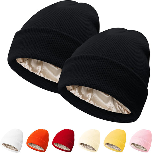 PFFY Womens Satin Lined Beanie Hat Silk Lining Winter Hats Beanies for Women Soft Slouchy Beanie Skull Cap
