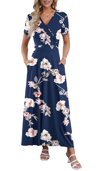 AUSELILY Maxi Dresses for Women Ankle Length Floral Print Beach Long Flowy Dress with Pockets