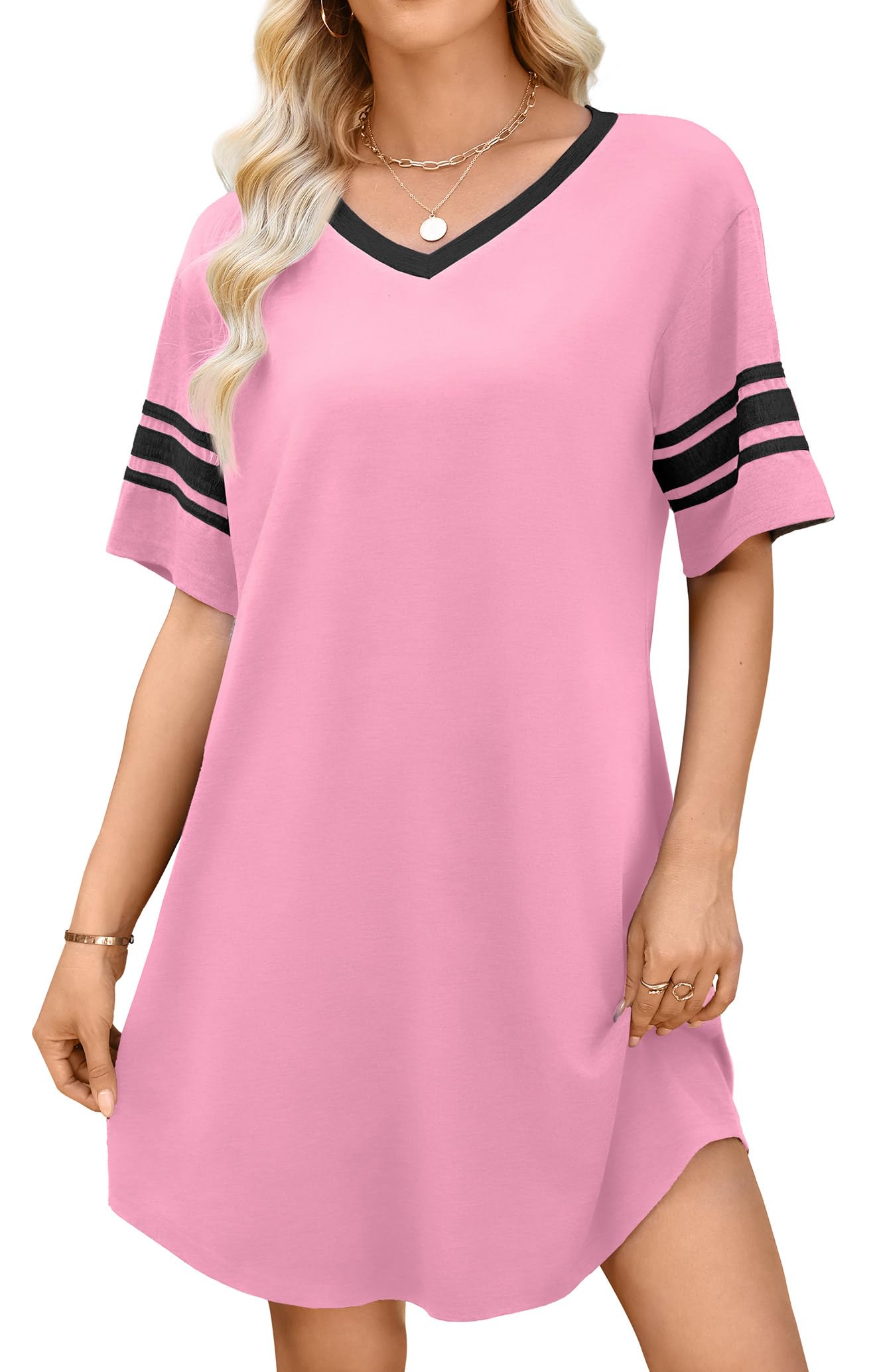 WEACZZY Women's Sleep Shirt Short Sleeve Nightgown Loose Fit Breathable | Crew Neck, Soft Polyester Blend Sleepwear, Solid Colors Floral Prints, Pajama Dress, Loungewear, House Casual Daily Wear