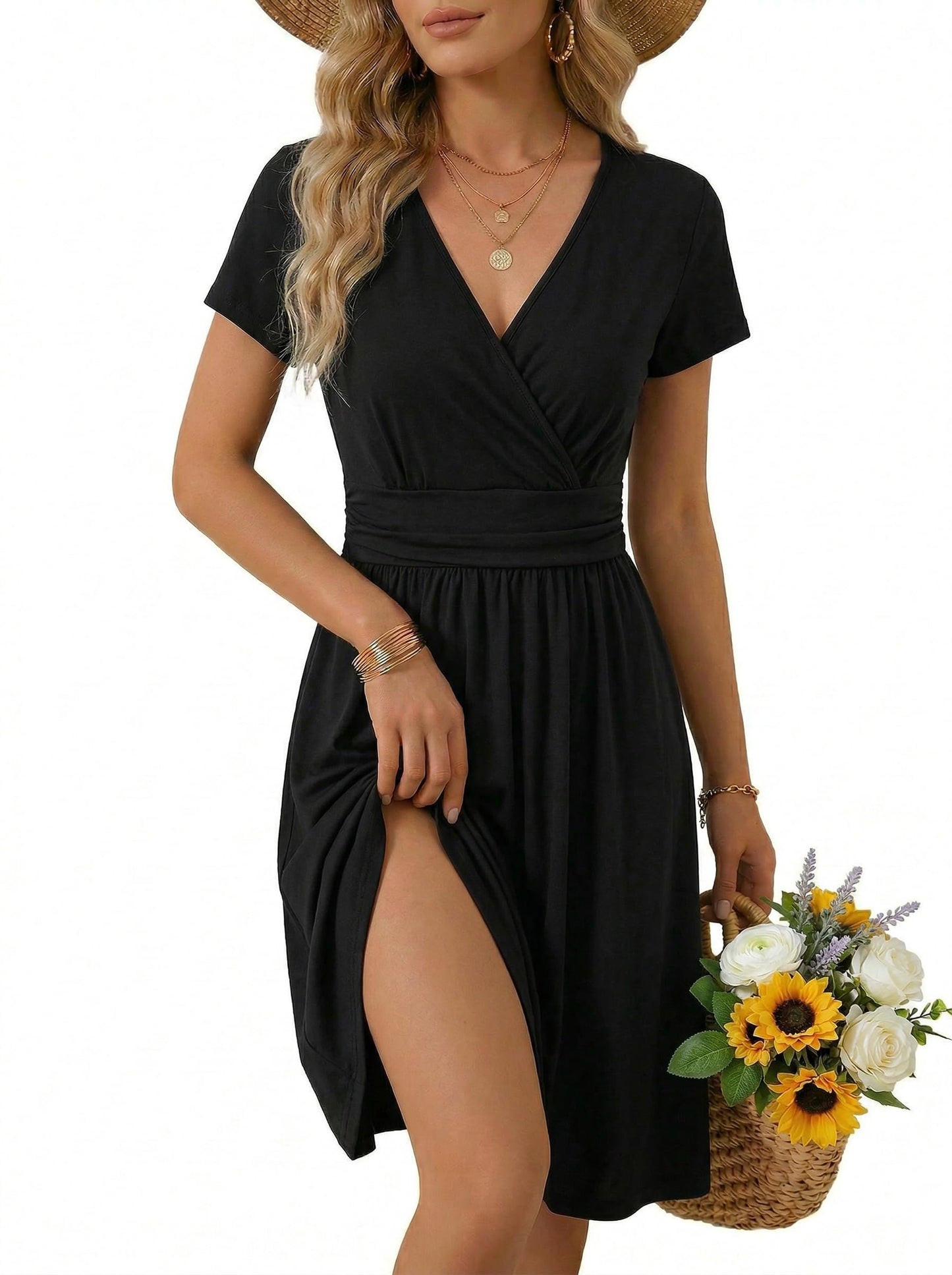 OUGES Casual Summer Dress for Women Wrap V Neck A Line Midi Dresses with Pockets