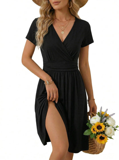OUGES Casual Summer Dress for Women Wrap V Neck A Line Midi Dresses with Pockets