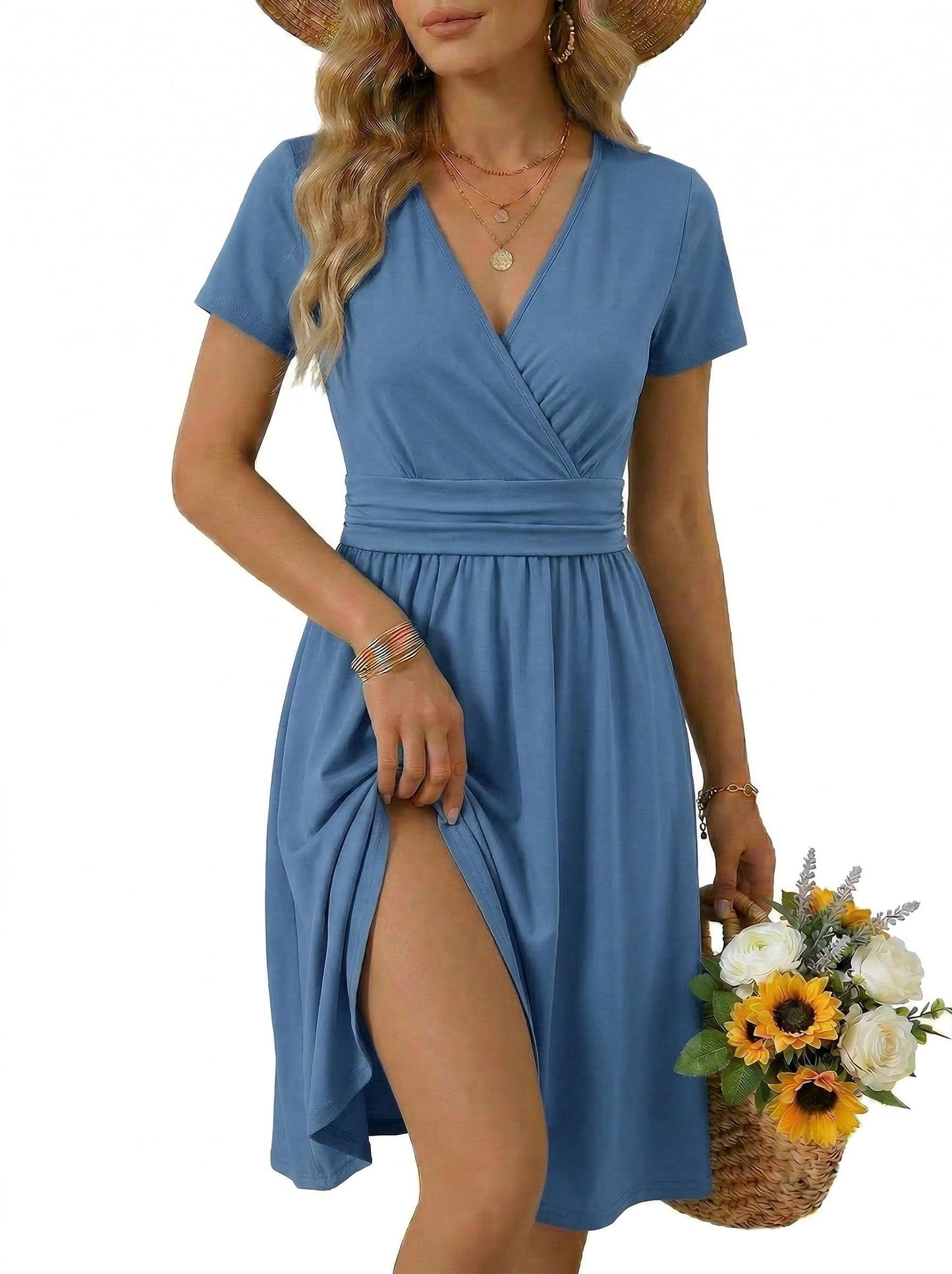 OUGES Casual Summer Dress for Women Wrap V Neck A Line Midi Dresses with Pockets