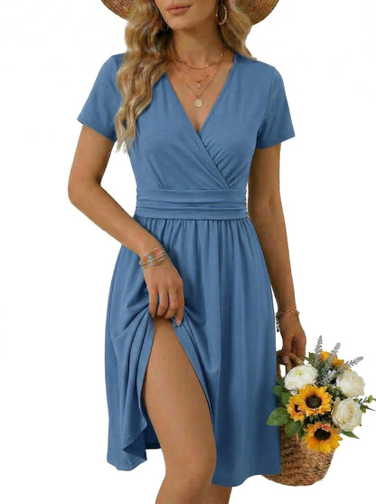OUGES Casual Summer Dress for Women Wrap V Neck A Line Midi Dresses with Pockets