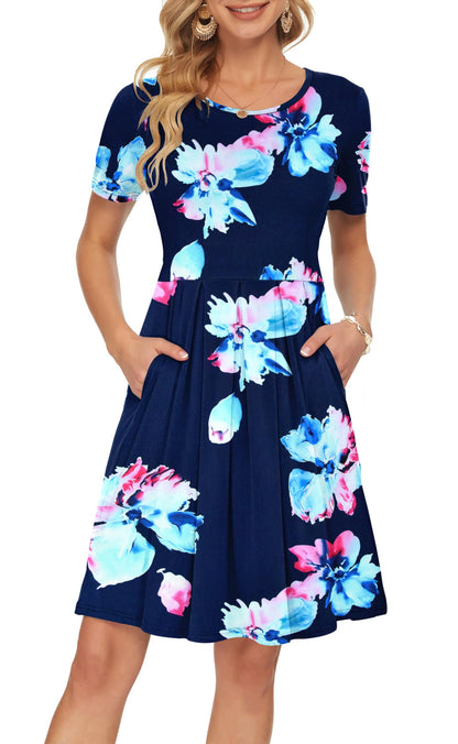 AUSELILY Women's Short Sleeve Summer Dress Pleated Loose Swing Knee Length Dresses with Pockets 2026 New