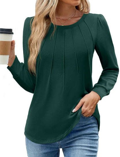 WEACZZY Women Long Sleeve Shirts Crew Neck Tunic Tops Soft Casual Blouses Creased Design Curved Side Hem Fashion Outfits 2026