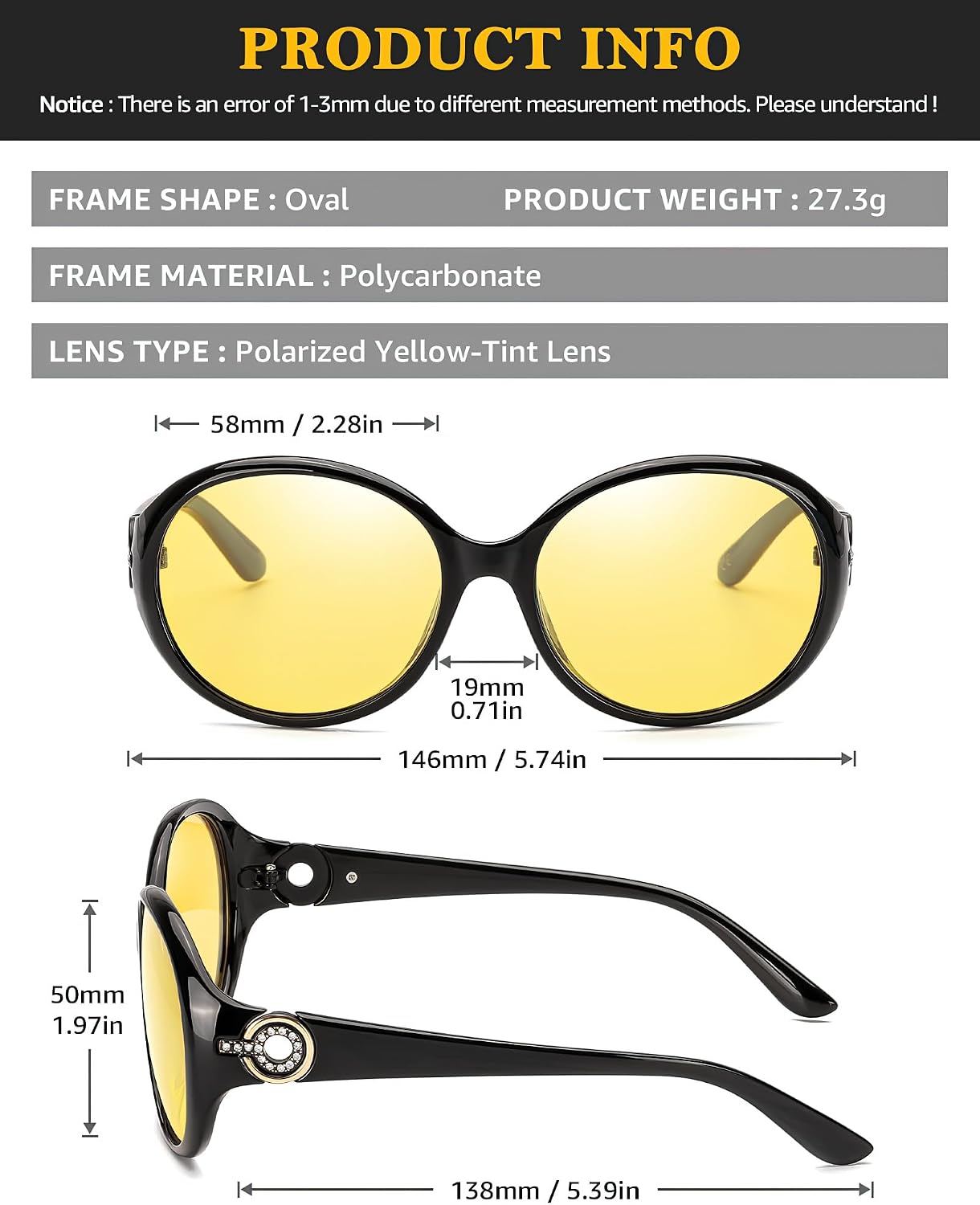 TJUTR Night Driving Glasses for Women, Polarized Yellow Tint Night Vision Lens, Night Time Anti-glare Big Glasses TN6824