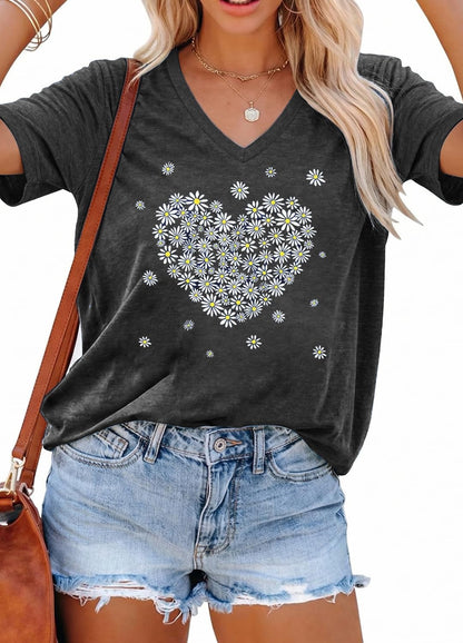 YEXIPO Womens Graphic Tees V-Neck T Shirts Spring Short Sleeve Funny Letter Print Casual Loose Cute Summer Tops