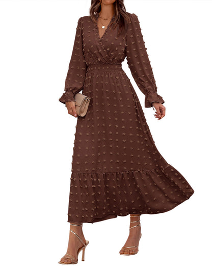 BTFBM Women Fall Maxi Dresses 2026 Long Sleeve V Neck Swiss Dots High Waisted A-Line Ruffle Boho Long Dress Vacation