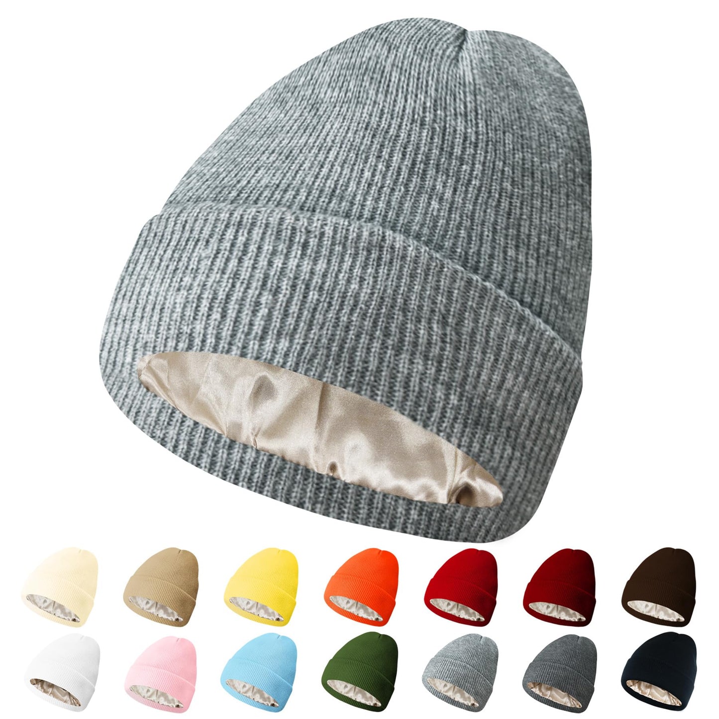 PFFY Womens Satin Lined Beanie Hat Silk Lining Winter Hats Beanies for Women Soft Slouchy Beanie Skull Cap