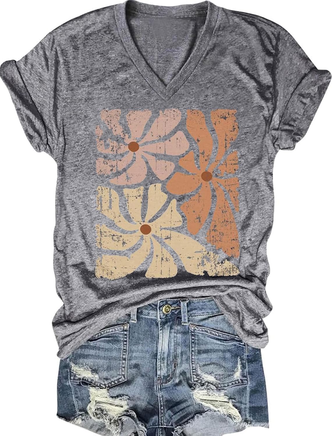 Women's T-Shirts V-Neck Dragonfly Tee Cute Summer Graphic Shirts Vintage Boho Flowers Short Sleeve T Shirt
