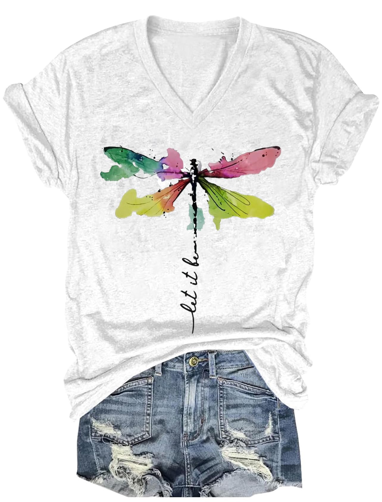 Women's T-Shirts V-Neck Dragonfly Tee Cute Summer Graphic Shirts Vintage Boho Flowers Short Sleeve T Shirt
