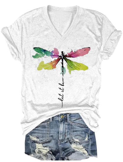 Women's T-Shirts V-Neck Dragonfly Tee Cute Summer Graphic Shirts Vintage Boho Flowers Short Sleeve T Shirt