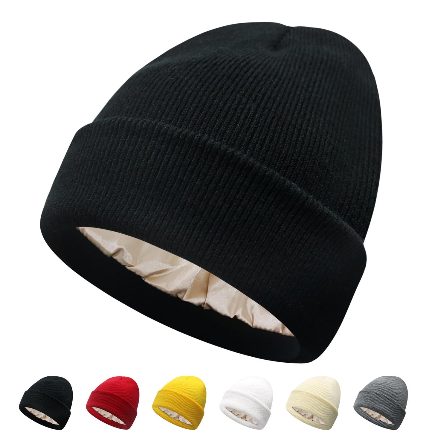 PFFY Satin Lined Beanie for Women Silk Lining Soft Winter Hats Reduce Frizz Knit Beanies Warm Skull Cap